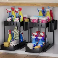 Unyqoos Multifunktionaler Küchen- & Bad-Organizer, platzsparend mit ausziehbaren Schubladen, 4 Hängetassen & 8 Haken, Schwarz, 2er-Set