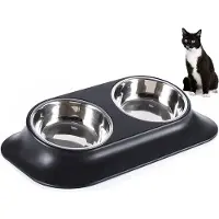 Unyqoos Erhöhter Futter- & Trinknapf mit 15° Neigung – 2 Edelstahl-Schüsseln (gesamt 420 ml), rutschfeste PP-Basis, 38×24×7,7 cm – für Katzen & kleine Hunde, halschonend