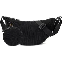 Unyqoos Damen Halbmond-Schultertasche aus Cord & Polyester, wasserdicht, leicht, verstellbarer Riemen 75–130 cm (3,8 cm), mit Reißverschluss – Schwarz/Beige/Grau/Kaki
