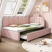 Flieks Kinderbett Schlafsofa 90x200cm mit Ausziehbett 90x190cm, Polsterbett Kinderbett mit Kopfteil in Kronenform, Tagesbett Daybed Samt, Rosa