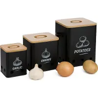 Relaxdays Kartoffel Aufbewahrungsbox, Zwiebeln, Knoblauch, 3er Set, mit Löchern, Metall, Bambusdeckel, schwarz/natur