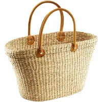 Locker Kobolo Korbtasche Einkaufstasche Flechttasche Strandtasche Seegrastasche natur Ledergriffe - Damentasche Taschen mit Henkel Handtaschen Shopper Beutel