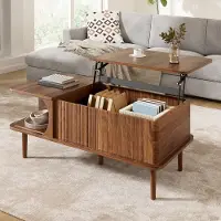 Merax höhenverstellbare Couchtisch mit verschiebbare Tür, Wohnzimmertisch aus MDF mit vertikale Rillen, Sofatisch mit Holzbeine, Nussbaum