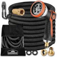 Gardebruk Flexibler Gartenschlauch 7,5m 3fach Latexkern Vollmessing Adapter 1/2" 3/4" Zoll Wandhalterung Tasche Flexschlauch Wasserschlauch Schwarz