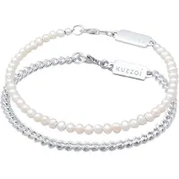 KUZZOI Armbänder - Armband Set Panzerkette Süßwasserzuchtperlen Weiß - Gr. 21 CM - in Silber - für Damen