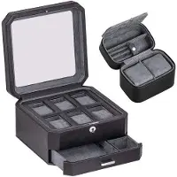 OEM Luxus-Horlogedoos-Set mit 6 Lederfächern und 2 Uhrenreisetaschen - Cadeauset mit Glasdach und Schubladen (Schwarz/Grau)