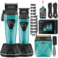VGR Haarschneidemaschine Set,Kabelloser Titanbeschichtete Rasierer und Präzisionstrimmer mit 8000/9000 U/min Motor, Barber Set mit Ladestation,LED-Display