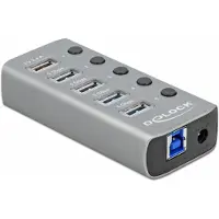 DeLOCK USB 5 Gbps Hub mit 4 Ports + 1 Schnellladeport mit Schalter und Beleuchtung, USB 3.2 Gen 1 (3.1 Gen 1) Type-B, USB 3.2 Gen 1 (3.1 Gen 1) Type-A, 5000 Mbit/s, Grau, Aluminium, 0,8 m