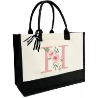 OEM Personalisierte Strandtas aus Canvas mit Innenfach und Reißverschluss, doppelten Schultergurten, Jutetas mit Monogramm für Alltagsarbeit und Reisen, rosa Buchstabe H, einheitsgröße