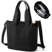 OEM Gepolst Canvas-Tas für Damen - Große Schultertasche mit Reißverschluss - Multifunktionale Einkaufstasche für Alltagsgebrauch, Schule, Arbeit und Reisen - Schwarz