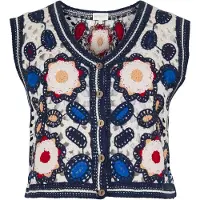 Apricot Stricktop "Geblümte Häkelweste" Gr. L, blau (navy), Tops, Damen, L (40), Obermaterial: 100% Polyacryl PAN., bestickt, Stricktop, im Boho-Look