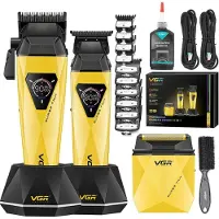 VGR Haarschneidemaschine Set,Kabelloser Titanbeschichtete Rasierer und Präzisionstrimmer mit 8000/9000 U/min Motor, Barber Set mit Ladestation,LED-Display