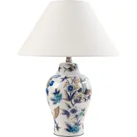 Beliani Tischlampe Weiß und Blau Porzellansockel Leinenglockenschirm mit Blumenmuster Beleuchtung Stilvoll
