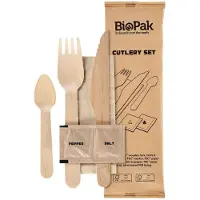 Duni 6/1 Besteck Set, Holz, Gabel & Messer, Kaffeelöffel, Serviette, Salz, Pfeffer Natural gewachst 160/165/110 | Packung (250 Stück)