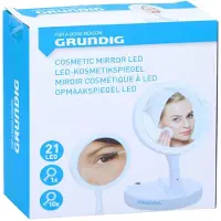 Grundig Kosmetikspiegel mit 12 LEDs - Doppelseitig mit 1x und 10x Vergrößerung - Klappbar mit 3 Fächern für Schmuck - USB oder 4x AA-Batterie - 16 x 5 x 29 cm - Weiß