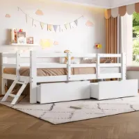 Merax Kinderbett Plattformbett 90x200cm, mit Schutzgeländer, 2 Schubladen, kleiner Leiter, Kinderbett aus Kiefernholz, Jugendbett, Holzbett, Weiß
