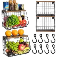 OEM Hängende Holzfassung in Schwarz, 2 Etagen, 30 x 16 x 21 cm - Holzdeckel und Haken - Edelstahl-Küchenregal - Stapelbarer Obstspeicher - Hängende Obstschale