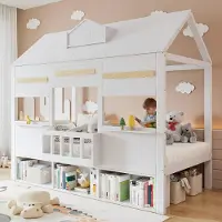 Merax Hochbett Hausbett 90x200cm mit Bücherregal, Kinderbett aus Massivholz mit Lattenrost, Spielbett platzsparend mit Dach und Fenster, Weiß
