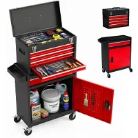 Relaxdays Werkstattwagen, 5 Schubladen & Aufsatzbox, abschließbar, HBT: 104x59,5x28 cm, Rollwagen, Stahl, schwarz-rot