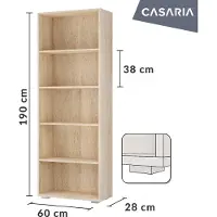 Casaria Bücherregal mit 5 höhenverstellbaren Fächern, 190x60x28cm, Weiß Eiche, modular erweiterbar