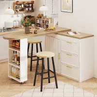 Flieks Bartisch Tisch mit 360° Drehfunktion, Vielseitiger Stehtisch mit Verstellbare Regale & Kippschutz, Esszimmertisch 128-203x39x90cm, Weiß