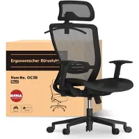 FlexiSpot OC3 Ergonomischer Bürostuhl, Schreibtischstuhl mit 2D-Kopfstütze, dynamischer Lendenstütze und verstellbaren Armlehnen, atmungsaktiv Schwarz