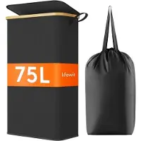 OEM 75L bamboe wasmand met deksel, opvouwbaar, draaggreep, voor appartement, studentenhuis und caravan, schwarz