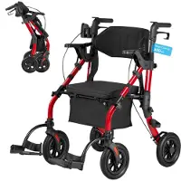 Vevor 2-in-1 Rollator Faltbar mit Sitz, Leichter Gehwagen mit Reifen, Gehhilfe bis 136 kg mit Rückenlehne Tasche Gehstockhalter, Höhenverstellbare Laufhilfe mit Feststellfunktion für Senioren, Rot