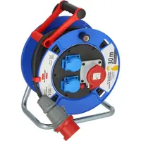 Brennenstuhl Kabeltrommel Garant CEE 1 IP44, 30m RN-Kabel, 3 Steckdosen, Kunststoff, für Außenbereich, blau/rot