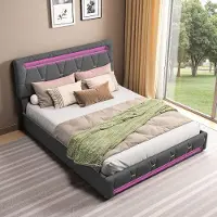 Moonbite Gepolstertes Doppelbett 140 x 200 cm mit Stauraum, bezogen mit grauem Leinen, 4 Schubladen, mehrfarbigem LED-Kopfteil, europäischem Ladegerät