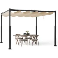 Costway Pergola 3,1x3,1m mit Schiebedach, Pavillon wasserdicht stabil Winterfest, Gartenpavillon mit robusten Metallsäulen, Beige