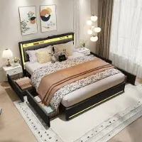 Moonbite Doppelbett 140 x 200 cm in dunkelgrauem Leinen – Kopf- und Fußteil mit LED-Beleuchtung, 4 Metallschubladen, USB- und Typ-C-Anschlüsse