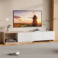 ProximaX Ausziehbarer, 180 cm breiter, weißer TV-Schrank mit LED-Beleuchtung mit Sensor, dreifarbiger Beleuchtung, Schubladen mit Soft-Close-Funktion, braun-weißen Holzfronten, modernem und praktischem Design