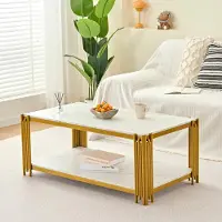 Great han Rechteckiger Couchtisch mit Metallbeinen Tischplatte in Marmoroptik Moderner Wohnzimmertisch Weiß Gold B114 x T64 x H46 cm