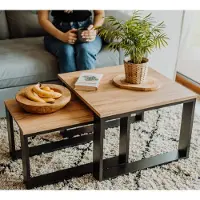 Lehmann Couchtisch 2er Set in 2 Größen für das Wohnzimmer, mit Holzplatte und schwarzem Gestell
