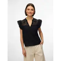 Vero Moda Kurzarmbluse "VMLINE SS V-NECK TOP WVN NOOS", Damen, Gr. M, schwarz, Web, Obermaterial: 100% Baumwolle, unifarben, normal, V-Ausschnitt, Blusen Kurzarmbluse, Baumwolle, Lochstickerei
