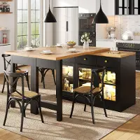 Flieks Ausziehbarer Kücheninsel mit LED-Beleuchtung, Esstisch mit 3 Schubladen & Glastüren, App-Steuerung, Bartisch 120-200x40x75.5cm, Schwarz
