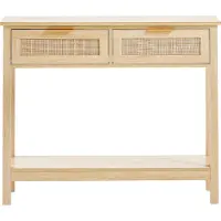 SucceBuy Rattan-Konsolentisch mit 2 Schubladen, Schiebetür aus natürlichem Rattan, Sofatisch für den Eingangsbereich für Wohnzimmer, Arbeitszimmer, TV-Wand, umweltfreundliches Material