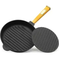 Brizoll Ø24cm Grillpfanne Gusseisen mit Pressdeckel Induktion Holzgriff Bratpfanne Pfanne Feuerpfanne