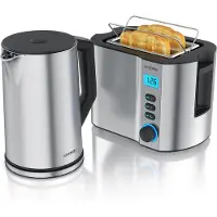 Arendo Frühstücksset 2-teilig, Wasserkocher ELEGANT 1,5 l 2000 W mit Temperaturwahl, Kurzschlitz-Toaster MANHA COMPACT 2 Scheiben, Brötchenaufsatz, Küchengeräte in Silber