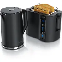 Arendo Frühstücksset 2-teilig, Wasserkocher ELEGANT 1,5 l 2000 W mit Temperaturwahl, Kurzschlitz-Toaster 2 Scheiben mit Touchpanel, Brötchenaufsatz, Küchengeräte in Schwarz