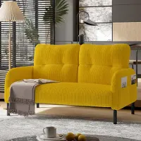 OKWISH Modernes Zweisitzer Relaxsofa mit ergonomische Rückenlehne und Armlehnen,Polstermöbel mit Cord-Material,mit Metallfüße und Seitentaschen,Gelb