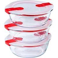 Pyrex 3er-Set Lunchboxen – – Koch- und Wärmeboxen – Glas – Rund – Deckel mit Dampfventilen. Mikrowellengeeignet – 1,1 l