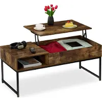 Relaxdays Couchtisch aufklappbar, HBT: 45x110x50 cm, Seitenfach, Wohnzimmertisch mit Stauraum, Holzoptik & Metall, braun