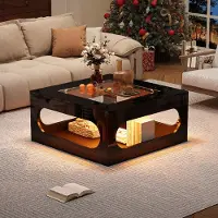 Aiorber 70×70×35 cm quadratischer LED Wohnzimmertisch mit gehärtetem Glas, hohlem Mittelteil und Stauraum, moderner Couchtisch in Hochglanz, Schwarz