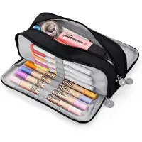 OEM Etui für Mädchen und Jungen, Etui für Mädchen und Jugendliche, großes Etui mit 3 Fächern, Etui für Kinder und Erwachsene, Etui für Schulkinder, schwarz, groß