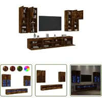 The Living Store 7-tlg. TV-Wohnwand mit LED-Leuchten Räuchereiche