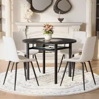 STILVORA Esstisch-Set rund mit 4 Sesseln aus PolyurethanMaterial und Komfortsitzkissen, Rundtisch 100 cm in schwarzer Holzoptik, Essgruppe für Wohnzimmer, Weiß