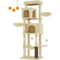OEM Große Katzenklippe - Hochkarätiger Katzenturm - Kletterfelsen - Met Sisal umwundene Leiter - 175cm x 57cm x 45cm - Sandbeigefärbter Weichplüsch