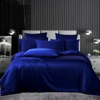 OEM Laken-Set, Satin, 220 x 240 cm, 3-teilig, Blauw, Seidenglanz, glatt, Marineblau, Bettwäscheset, weich, Zweibett mit Reißverschluss.